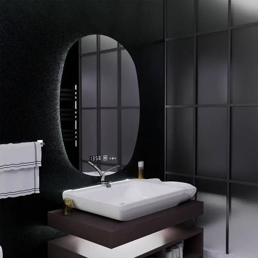 Oválné LED zrcadlo, 60x80cm, Ranya Marcello MotionGlow senzor, Odmlžovací systém, Hodiny a teploměr, Dimabila Marcello zrcadla Výchozí název Alessandro Design