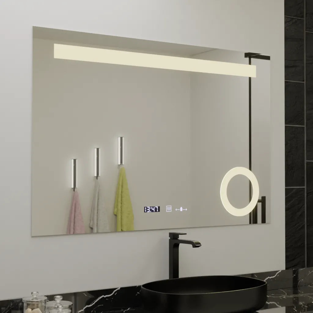 Obdélníkové LED zrcadlo, 120x80cm, ABSOLU MotionGlow Marcello, systém odmlžování, hodiny a teploměr, kosmetická lupa, stmívatelná zrcátka Marcello Výchozí název Alessandro Design