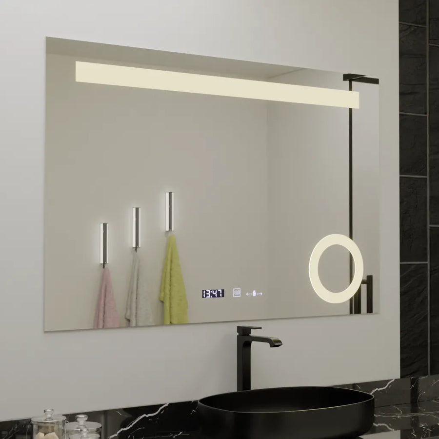 Obdélníkové LED zrcadlo, 120x80cm, ABSOLU MotionGlow Marcello, systém odmlžování, hodiny a teploměr, kosmetická lupa, stmívatelná zrcátka Marcello Výchozí název Alessandro Design