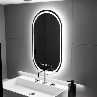 Oválné LED zrcadlo, 60x80cm, Eminence MotionGlow Marcello, systém odmlžování, hodiny a teploměr, stmívatelná zrcátka Marcello Výchozí název Alessandro Design