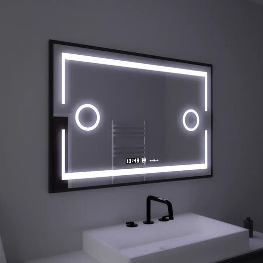 Obdélníkové LED zrcadlo, 120x80cm, Marcello MotionGlow Sensor, Systém odmlžování, Hodiny & Teploměr, Kosmetická lupa, Stmívatelné Marcello Mirrors Výchozí název Alessandro Design