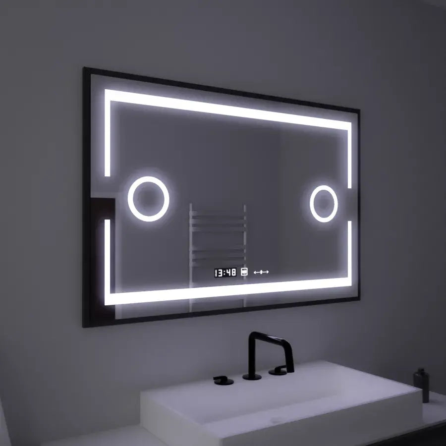 Obdélníkové LED zrcadlo, 120x80cm, Marcello MotionGlow Sensor, Systém odmlžování, Hodiny & Teploměr, Kosmetická lupa, Stmívatelné Marcello Mirrors Výchozí název Alessandro Design