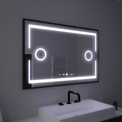 Obdélníkové LED zrcadlo, 120x80 cm, senzor Marcello MotionGlow, systém odmlžování, hodiny a teploměr, kosmetická lupa, stmívatelné
