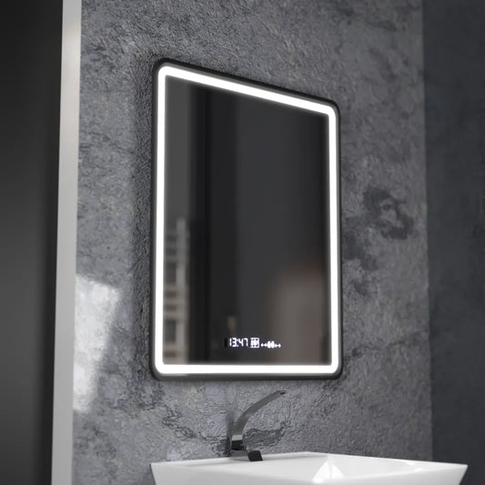 Obdélníkové LED zrcadlo, 75x90cm, Favola MotionGlow Marcello, Demister System, Hodiny & Teploměr, Stmívatelné