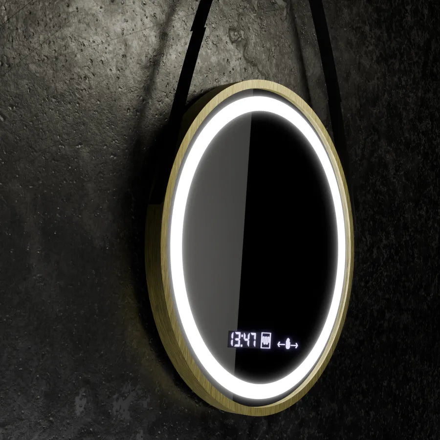 Kulaté zrcadlo LED, 60 cm, Celeste Royale Gold Eleve MotionGlow Marcello, systém odmlžování, hodiny a teploměr, stmívatelné, odnímatelný popruh, Marcello Zrcadla Výchozí název Alessandro Design