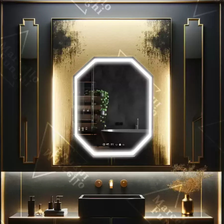 Polygonové LED zrcadlo, 60x80cm, senzor Ralya MotionGlow Marcello, systém odmlžování, hodiny a teploměr, zrcadla Dimabila Marcello Výchozí název Alessandro Design