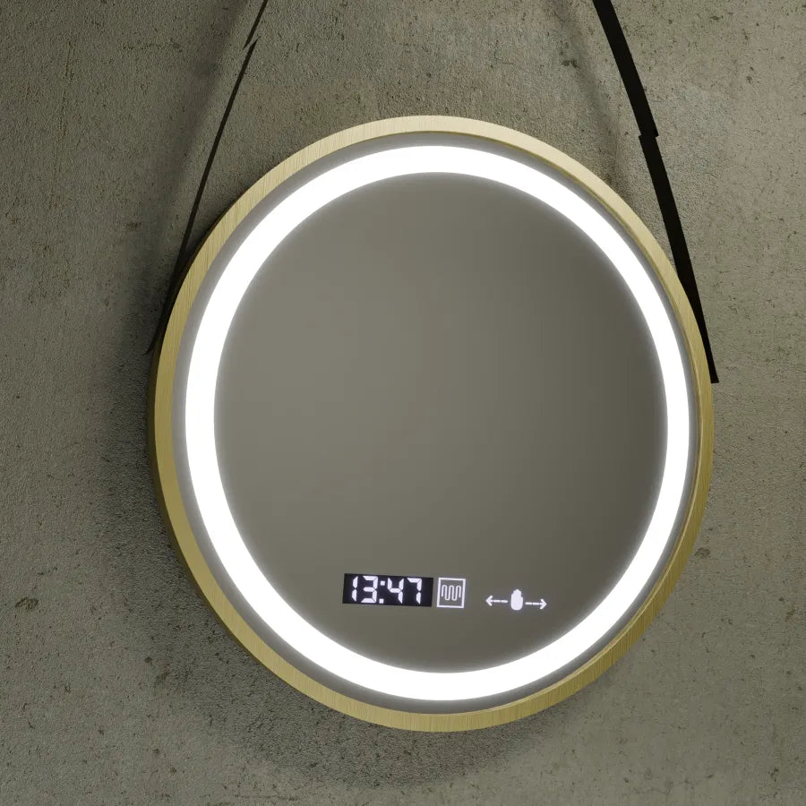 Kulaté zrcadlo LED, 60 cm, Celeste Royale Gold Eleve MotionGlow Marcello, systém odmlžování, hodiny a teploměr, stmívatelné, odnímatelný popruh, Marcello Zrcadla Výchozí název Alessandro Design