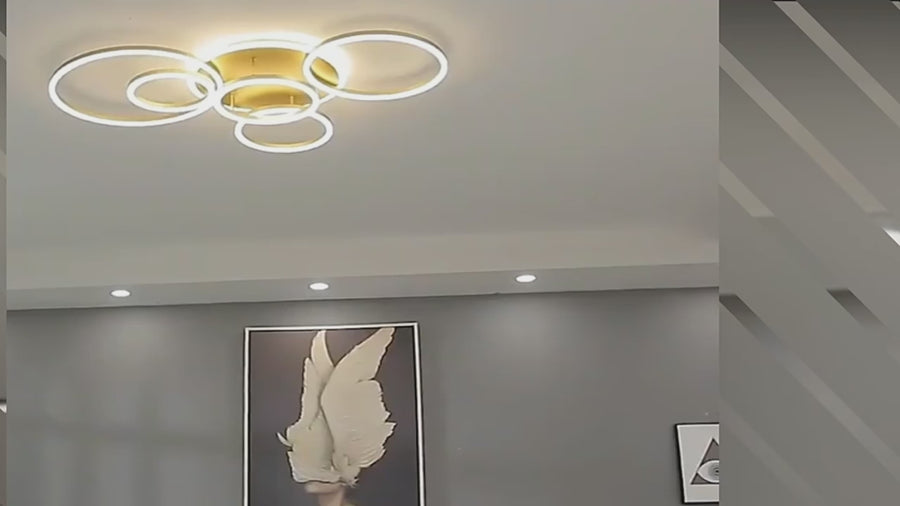 LED lustr s dálkovým ovládáním RINNOVA, 5 kruhů, 137W, teplé/studené/neutrální světlo, stmívatelný, zlatý