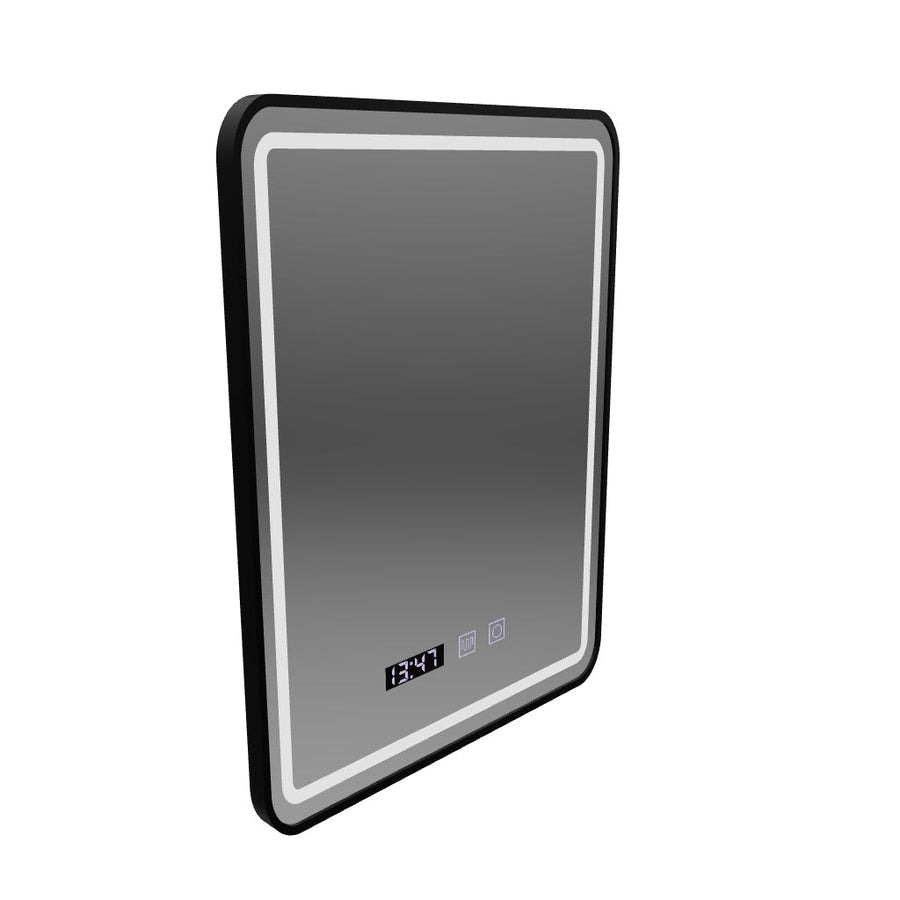 Zrcadlo LED Touch Systém odmlžování LUCIDA, hodiny a teplota 50x70 cm kartáčovaný černý rám