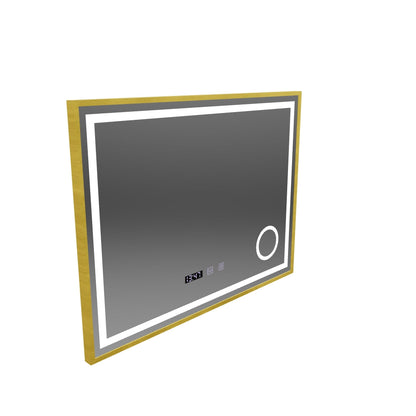 CLARUS LED dotykový systém odmlžování, hodiny a teplota 80x60 cm Kosmetická lupa s kartáčovaným zlatým rámem
