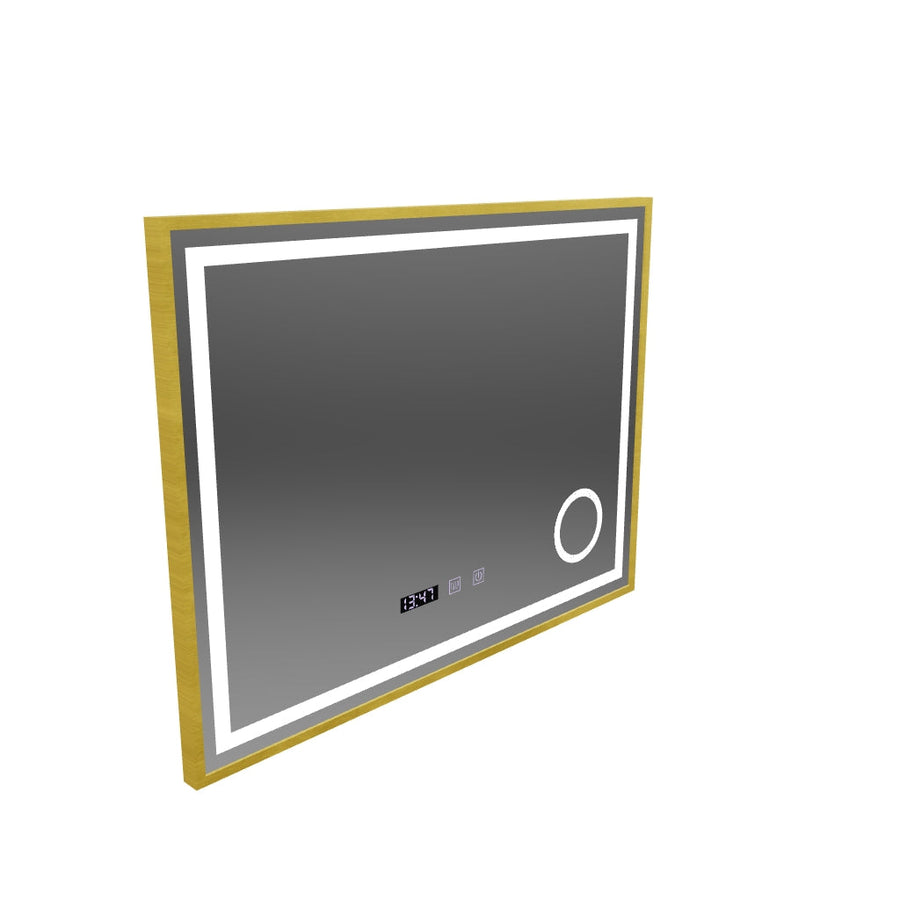 CLARUS LED dotykový systém odmlžování, hodiny a teplota 80x60 cm Kosmetická lupa s kartáčovaným zlatým rámem