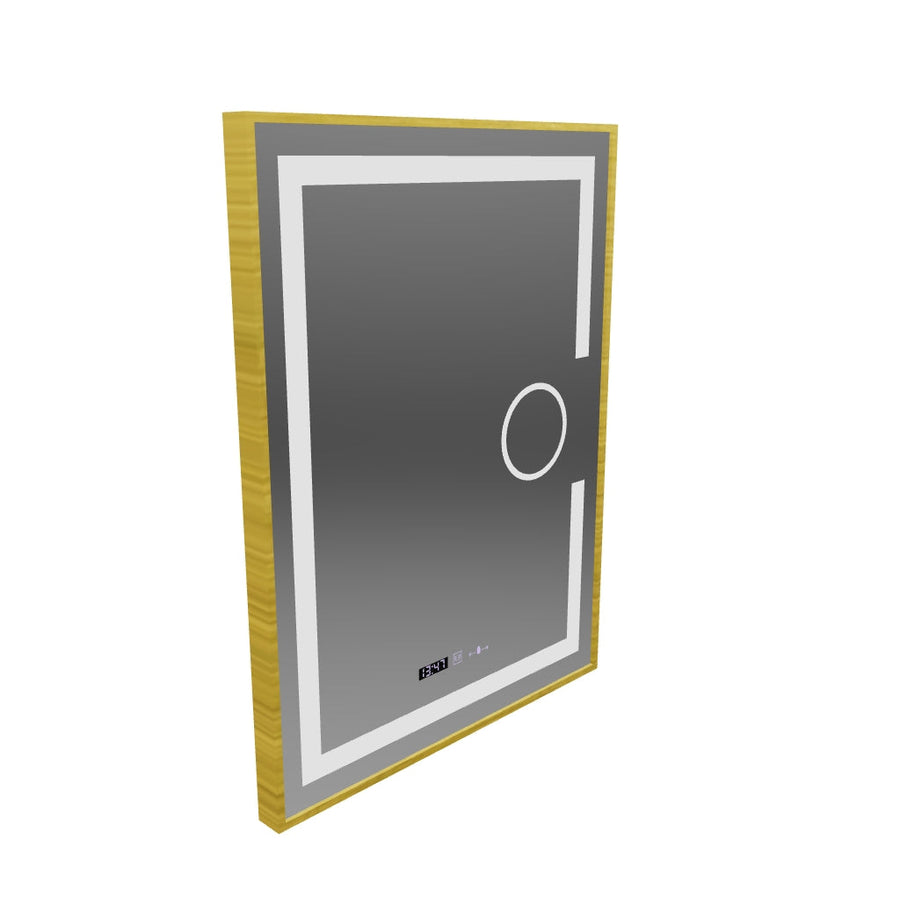 Obdélníkové LED zrcadlo, 60x80 cm, Eclat MotionGlow Marcello, Demister System, Hodiny & Teploměr, Kosmetická lupa, Stmívatelné, Rám z kartáčovaného zlata