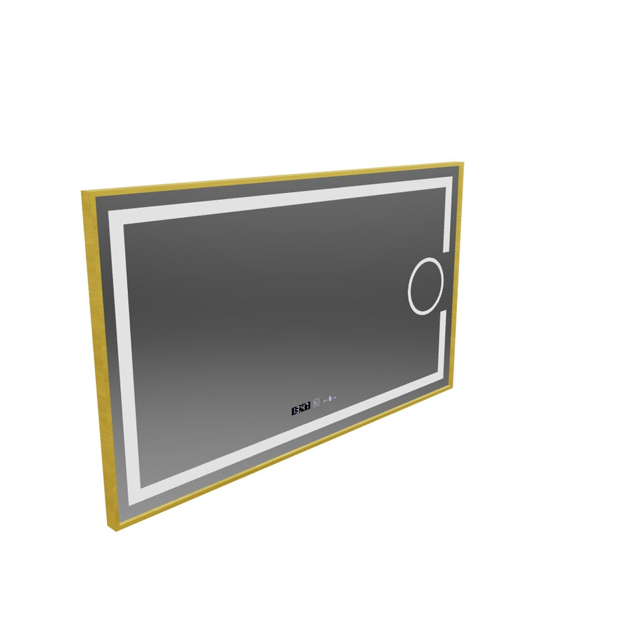 Obdélníkové LED zrcadlo, 120x80cm, Eclat MotionGlow Marcello, Demister System, Hodiny & Teploměr, Kosmetická lupa, Stmívatelné, Rám z kartáčovaného zlata