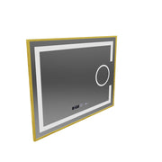 Obdélníkové LED zrcadlo, 80 x 60 cm, Eclat MotionGlow Marcello, systém odmlžování, hodiny a teploměr, kosmetická lupa, stmívatelné, rám z kartáčovaného zlata