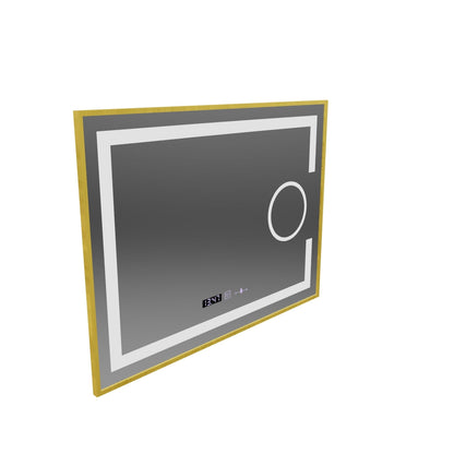 Obdélníkové LED zrcadlo, 80 x 60 cm, Eclat MotionGlow Marcello, systém odmlžování, hodiny a teploměr, kosmetická lupa, stmívatelné, rám z kartáčovaného zlata