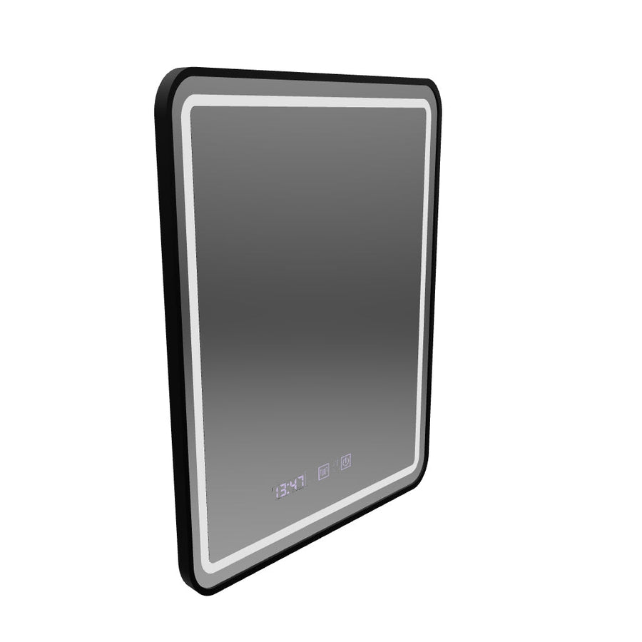 Zrcadlo LED Touch Systém odmlžování LUCIDA, hodiny a teplota 60x80 cm kartáčovaný černý rám