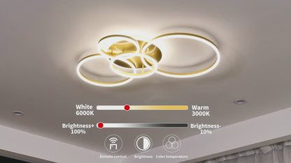 RINOVA LED lustr s dálkovým ovládáním, 4 kruhy, 112W, teplé/studené/neutrální světlo, stmívatelný, zlatý