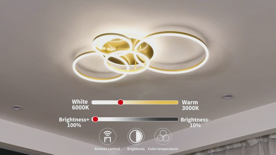 RINOVA LED lustr s dálkovým ovládáním, 4 kruhy, 112W, teplé/studené/neutrální světlo, stmívatelný, zlatý